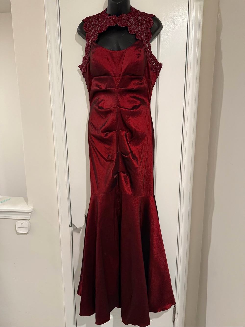 Xscape Wine Lace-Detail Mermaid Prom Dress